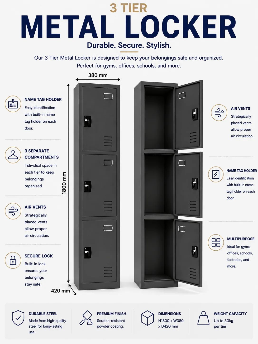 3 Tier Metal Locker