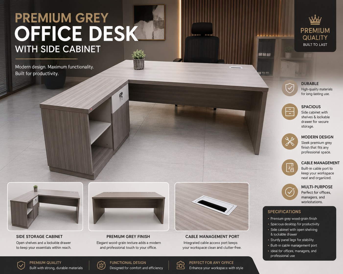 Premium Grey Office Desk with Side Cabinet